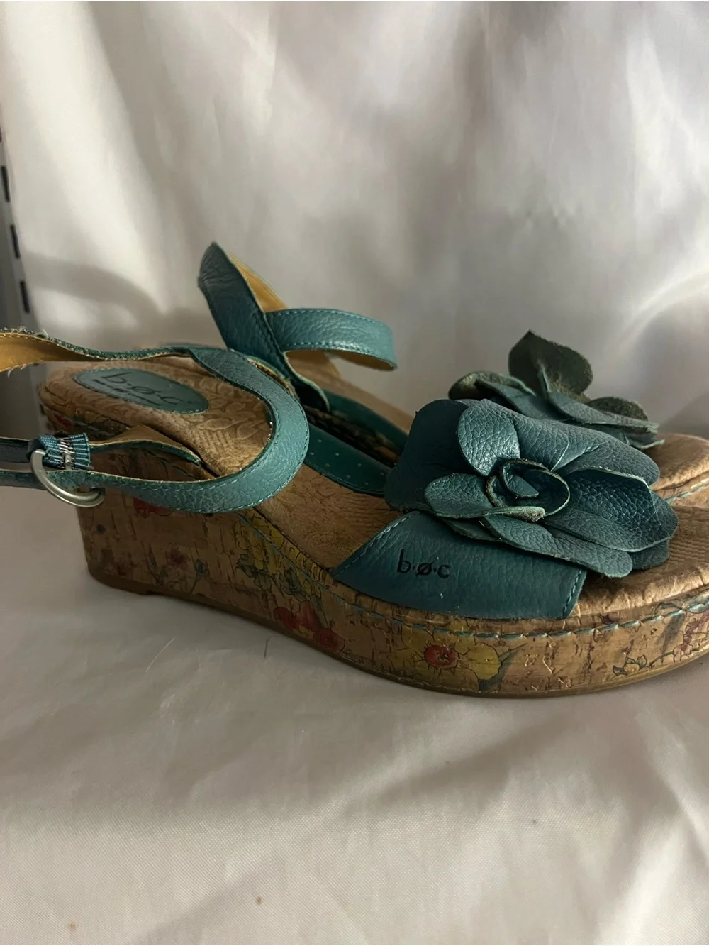b.o.c. Teal Flower Cork Wedge Sandals